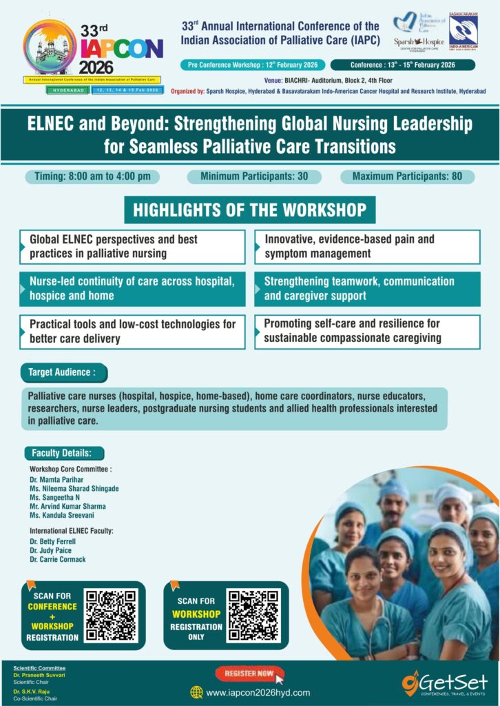 The Nursing Workshop aims to offer: · Sessions by renowned, international nursing educators with over 15 years of experience · Coverage of various aspects of symptom management, holistic care, and seamless transition of patients from hospital to home and hospice · Accreditation with CNE points · Activities focused on self-care and team building for nurses
